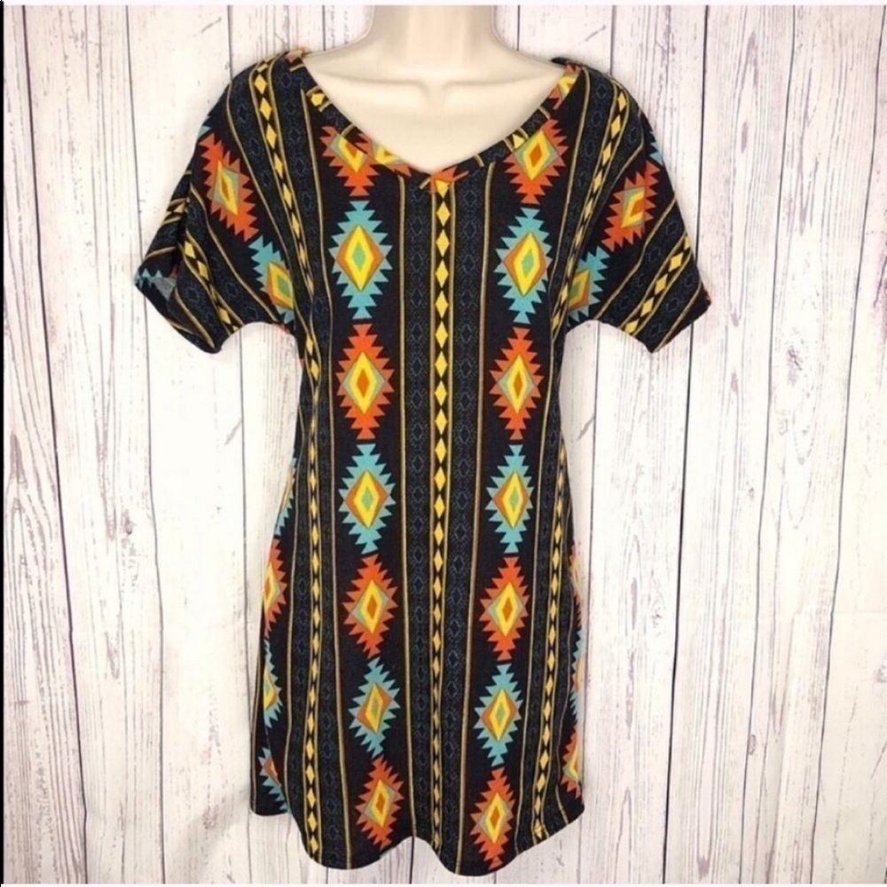 🆕 Aztec boho cowgirl short sleeve v neck pullover mini dress small black blue